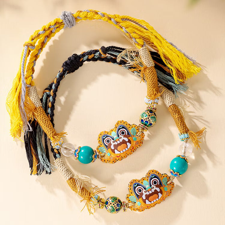 Handcrafted Yunnan Tile Cat embroidered cord bracelet in brown and yellow with cloisonnee and crystal beads