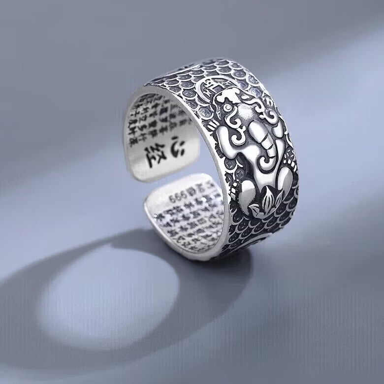 S999 pure silver Pixiu ring with inner micro engraved Heart Sutra scripture text and adjustable band