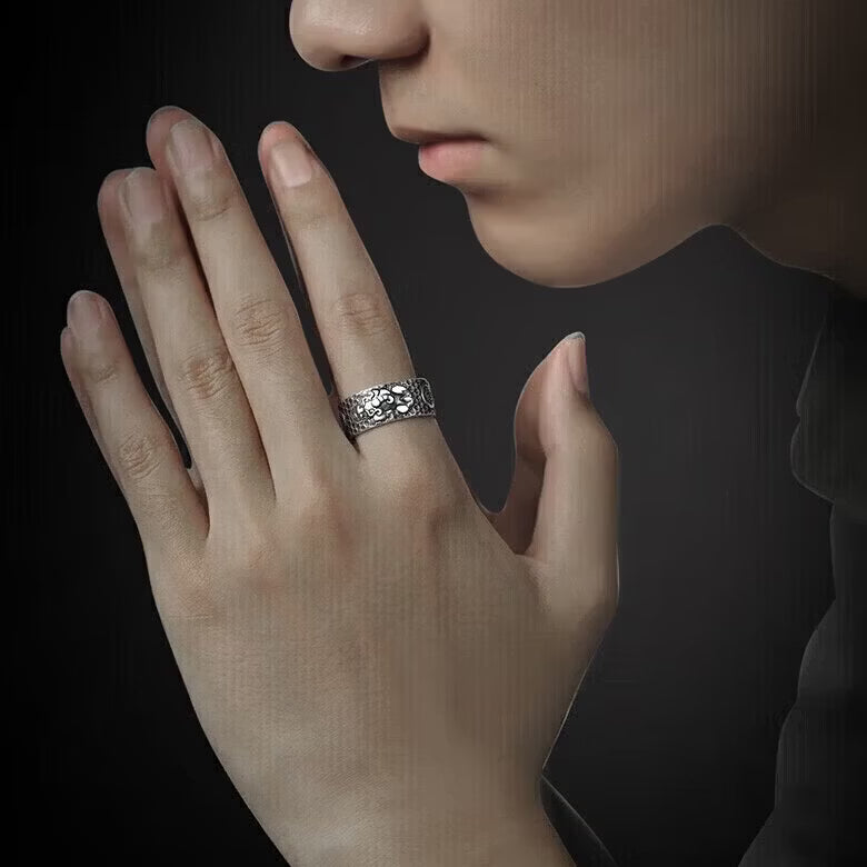 S999 pure silver Pixiu ring with inner micro engraved Heart Sutra scripture text and adjustable band