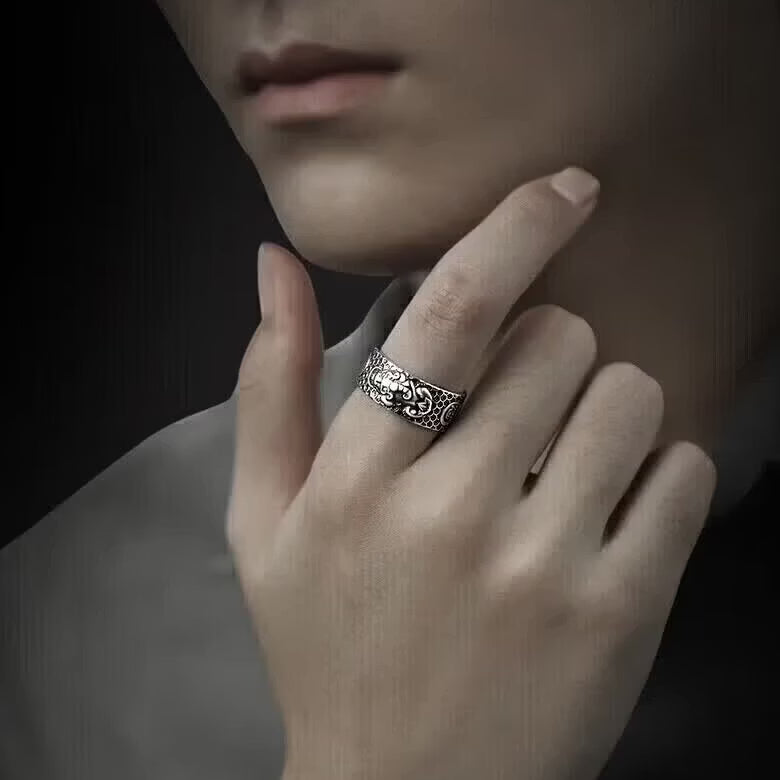 S999 pure silver Pixiu ring with inner micro engraved Heart Sutra scripture text and adjustable band