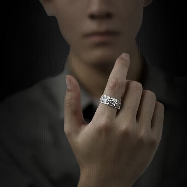 S999 pure silver Pixiu ring with inner micro engraved Heart Sutra scripture text and adjustable band