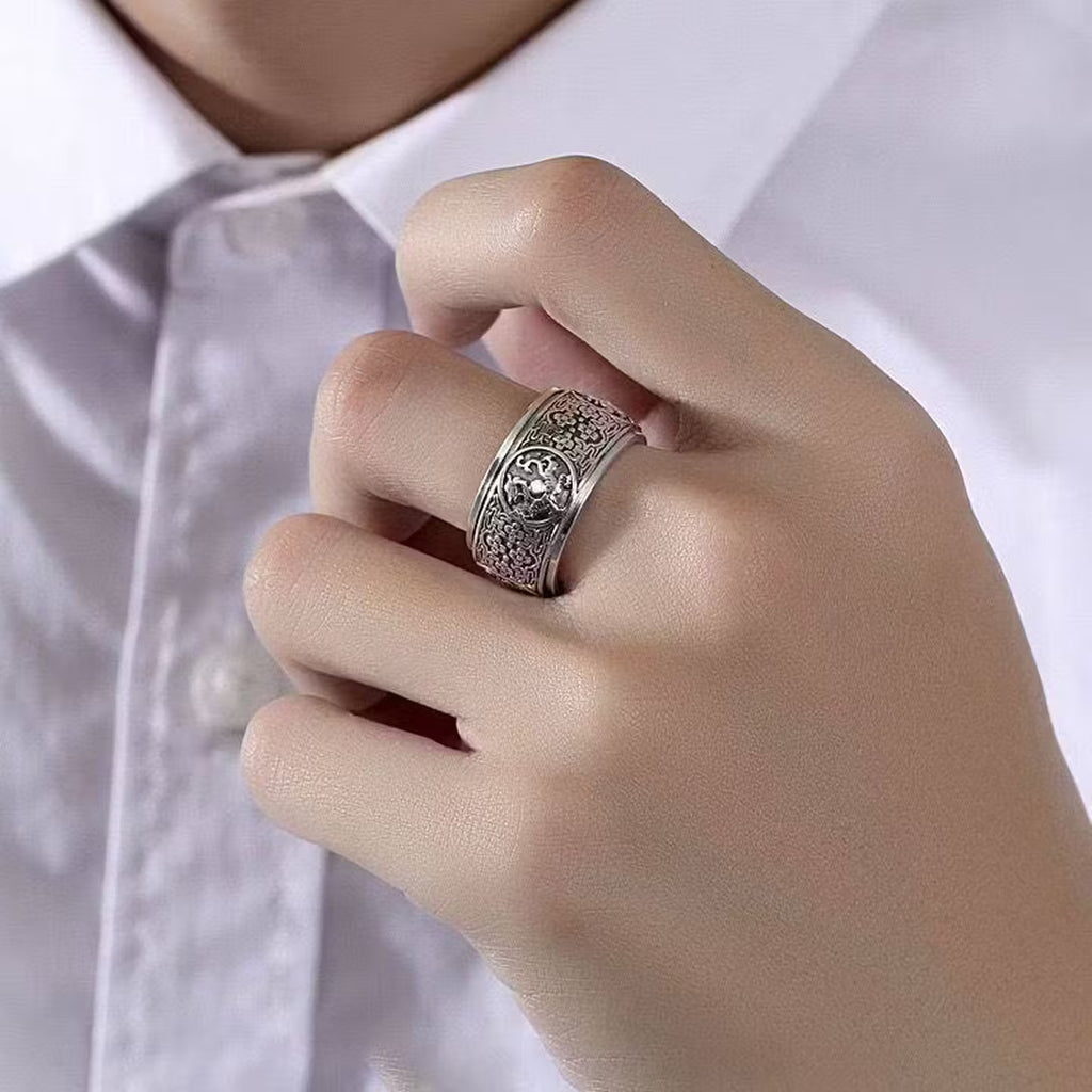 Rotatable Four Divine Beasts Sterling Silver Ring - Vintage 925 Silver Spinner Band with Azure Dragon, White Tiger, Vermilion Bird & Black Tortoise Reliefs