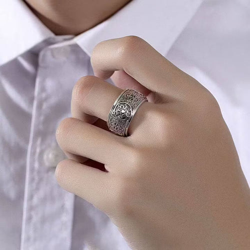 Rotatable Four Divine Beasts Sterling Silver Ring - Vintage 925 Silver Spinner Band with Azure Dragon, White Tiger, Vermilion Bird & Black Tortoise Reliefs