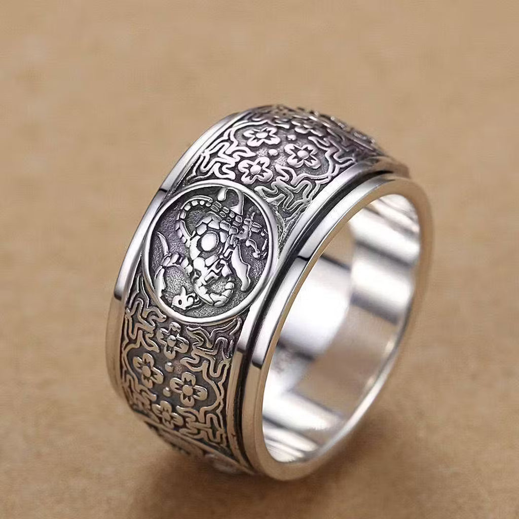 Rotatable Four Divine Beasts Sterling Silver Ring - Vintage 925 Silver Spinner Band with Azure Dragon, White Tiger, Vermilion Bird & Black Tortoise Reliefs