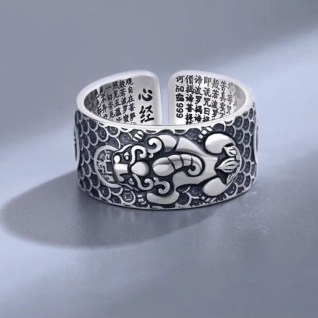 S999 pure silver Pixiu ring with inner micro engraved Heart Sutra scripture text and adjustable band
