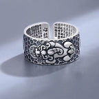 S999 pure silver Pixiu ring with inner micro engraved Heart Sutra scripture text and adjustable band
