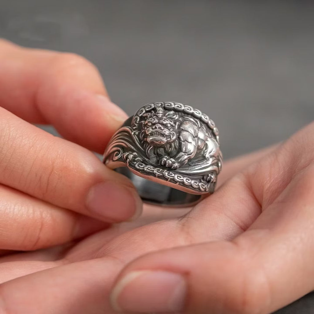 Vintage Pixiu statement ring with intricate relief carving and adjustable band