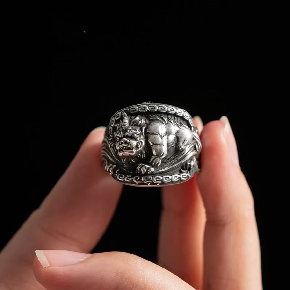 Vintage Pixiu statement ring with intricate relief carving and adjustable band