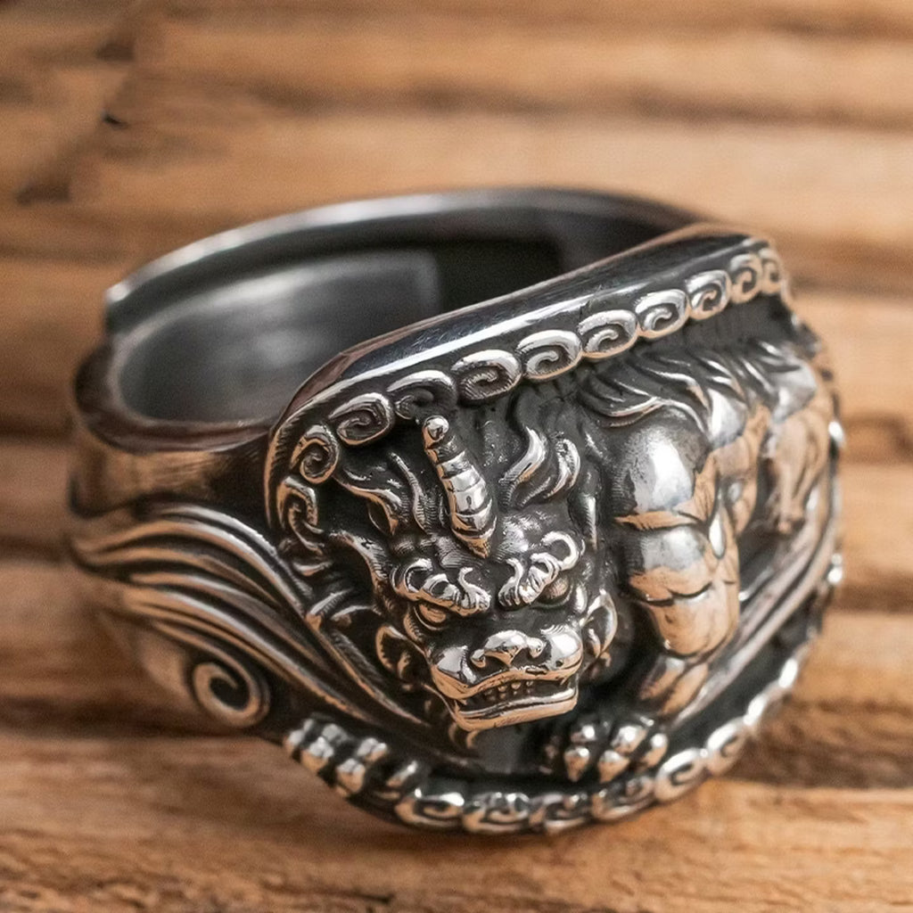 Vintage Pixiu statement ring with intricate relief carving and adjustable band