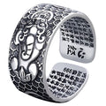 S999 pure silver Pixiu ring with inner micro engraved Heart Sutra scripture text and adjustable band