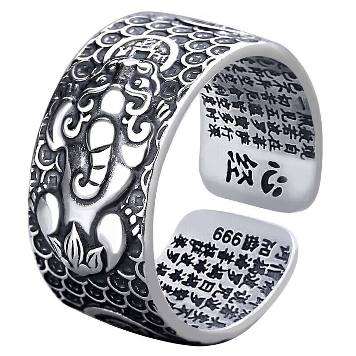 S999 pure silver Pixiu ring with inner micro engraved Heart Sutra scripture text and adjustable band