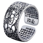 S999 pure silver Pixiu ring with inner micro engraved Heart Sutra scripture text and adjustable band