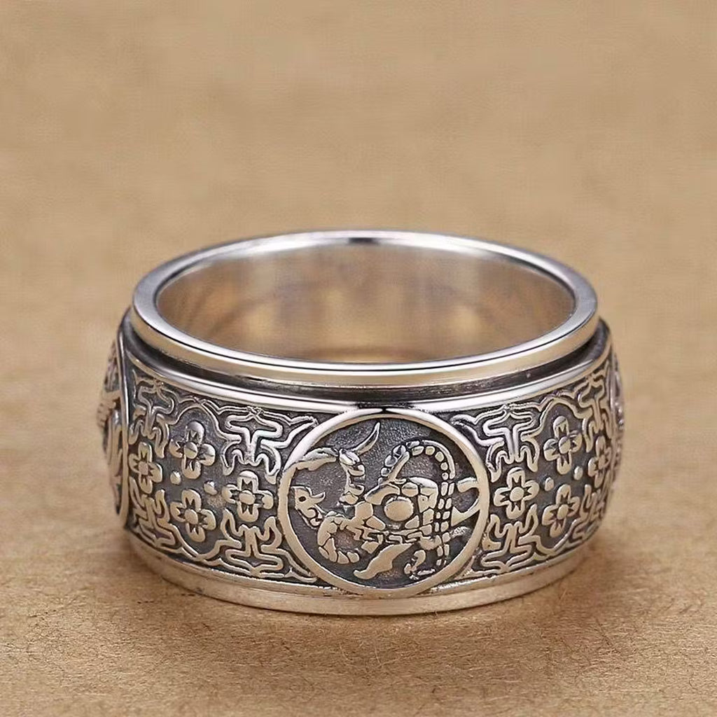 Rotatable Four Divine Beasts Sterling Silver Ring - Vintage 925 Silver Spinner Band with Azure Dragon, White Tiger, Vermilion Bird & Black Tortoise Reliefs