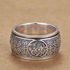 Rotatable Four Divine Beasts Sterling Silver Ring - Vintage 925 Silver Spinner Band with Azure Dragon, White Tiger, Vermilion Bird & Black Tortoise Reliefs
