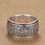 Rotatable Four Divine Beasts Sterling Silver Ring - Vintage 925 Silver Spinner Band with Azure Dragon, White Tiger, Vermilion Bird & Black Tortoise Reliefs
