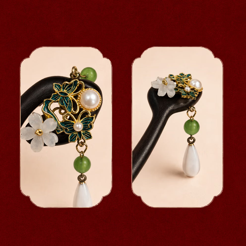 Close up of traditional Chinese intangible heritage style porcelain flower hairpin detail