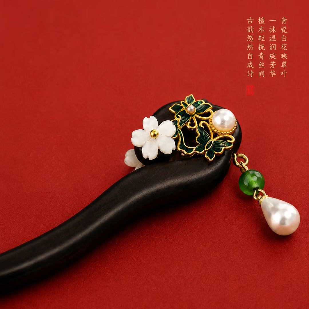 Close up of traditional Chinese intangible heritage style porcelain flower hairpin detail