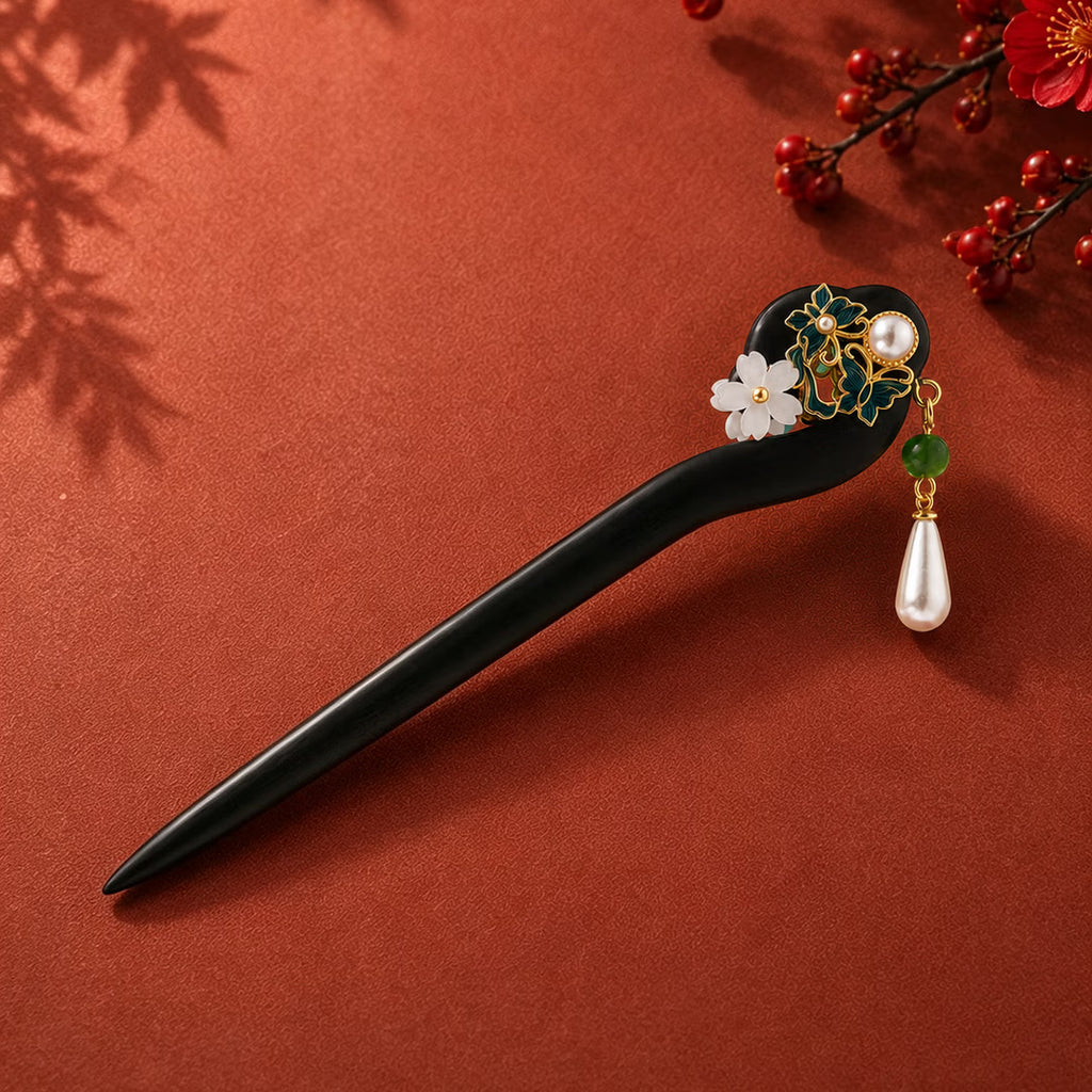 Heritage handcrafted black sandalwood hair stick with celadon porcelain flowers and pearl tassel