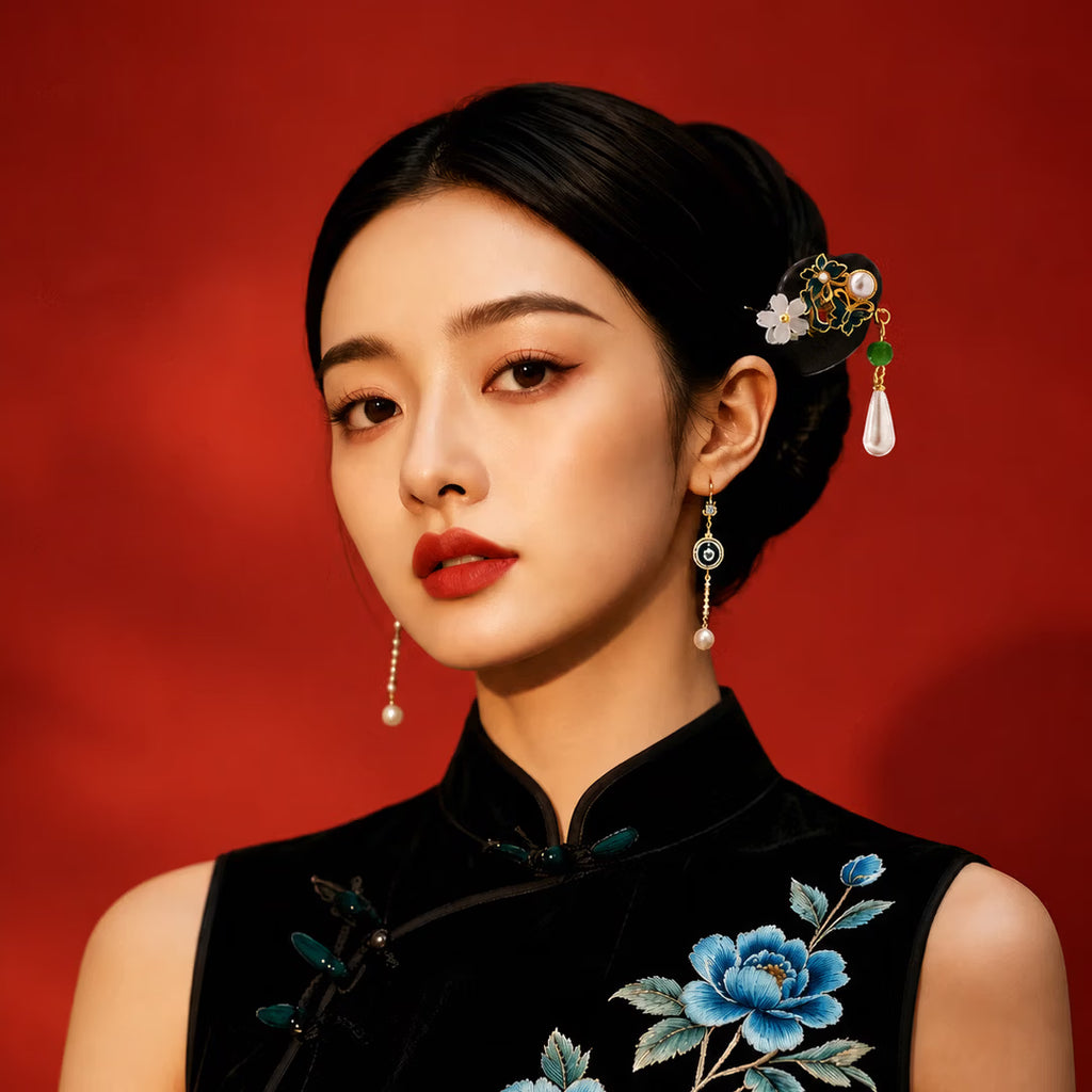 Close up of traditional Chinese intangible heritage style porcelain flower hairpin detail