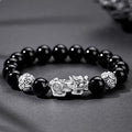 S999 fine silver Pixiu charm and black obsidian beaded mens wealth bracelet with silver fortune coins
