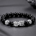 S999 fine silver Pixiu charm and black obsidian beaded mens wealth bracelet with silver fortune coins