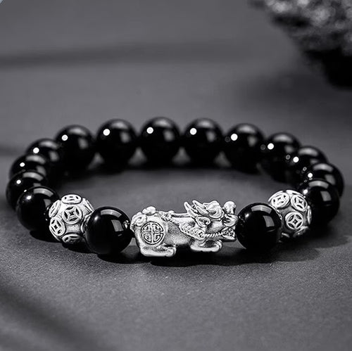 S999 fine silver Pixiu charm and black obsidian beaded mens wealth bracelet with silver fortune coins