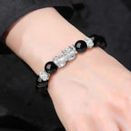 S999 fine silver Pixiu charm and black obsidian beaded mens wealth bracelet with silver fortune coins