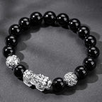 S999 fine silver Pixiu charm and black obsidian beaded mens wealth bracelet with silver fortune coins