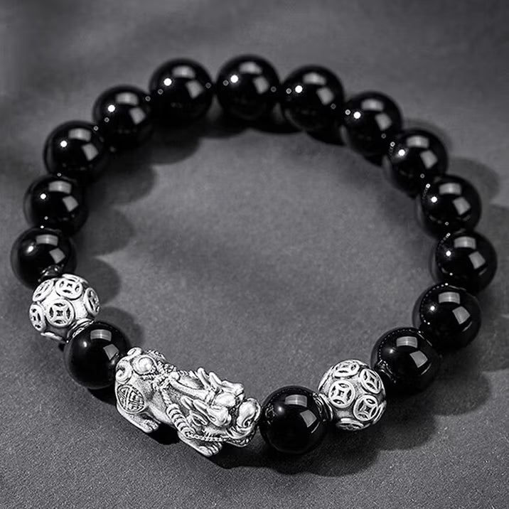 S999 fine silver Pixiu charm and black obsidian beaded mens wealth bracelet with silver fortune coins