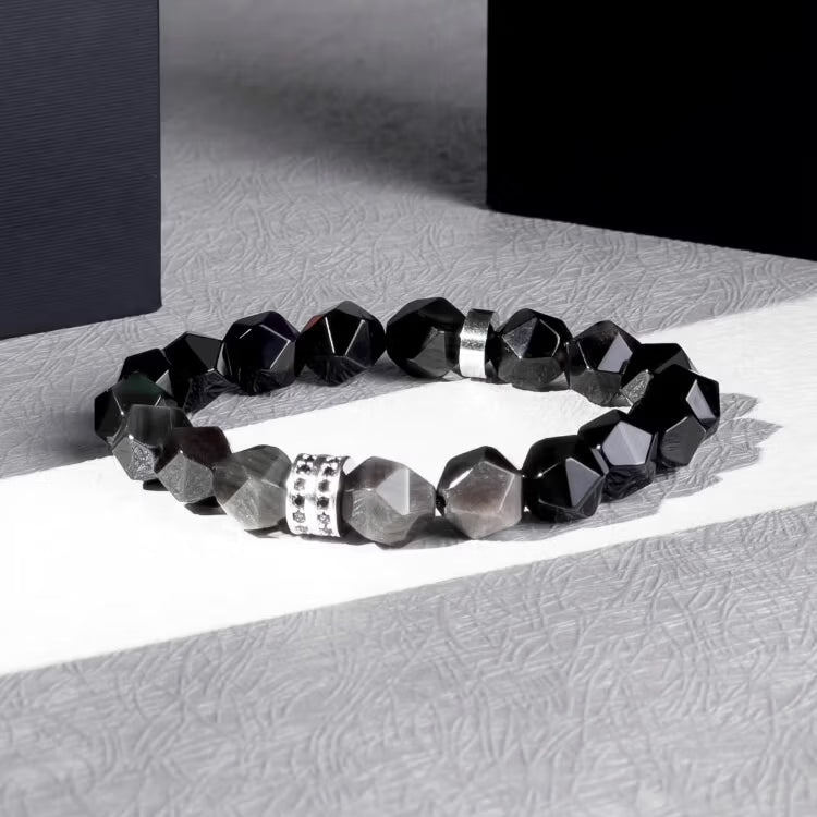 Faceted Black & Silver Sheen Obsidian Men's Bracelet - Geometric Gemstone Wristband with Cubic Zirconia Alloy Accent Symbolizing Luck, Protection & Cosmic Strength