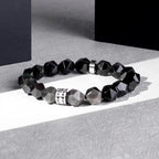 Faceted Black & Silver Sheen Obsidian Men's Bracelet - Geometric Gemstone Wristband with Cubic Zirconia Alloy Accent Symbolizing Luck, Protection & Cosmic Strength