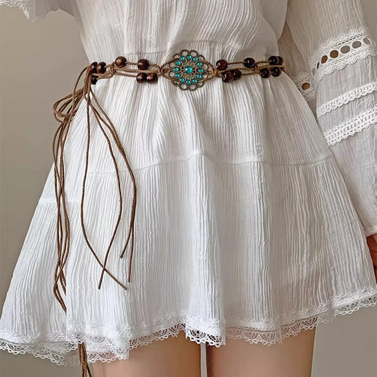 Bohemian Woven Wooden Bead Waist Chain Belt – Vintage Turquoise Floral Tie-On Rope Belt for Dresses