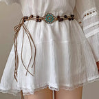 Bohemian Woven Wooden Bead Waist Chain Belt – Vintage Turquoise Floral Tie-On Rope Belt for Dresses