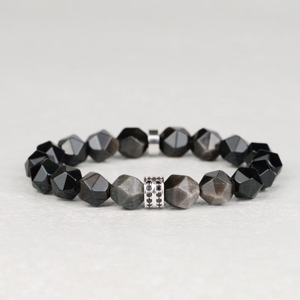 Faceted Black & Silver Sheen Obsidian Men's Bracelet - Geometric Gemstone Wristband with Cubic Zirconia Alloy Accent Symbolizing Luck, Protection & Cosmic Strength