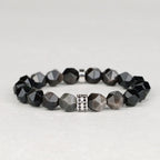 Faceted Black & Silver Sheen Obsidian Men's Bracelet - Geometric Gemstone Wristband with Cubic Zirconia Alloy Accent Symbolizing Luck, Protection & Cosmic Strength