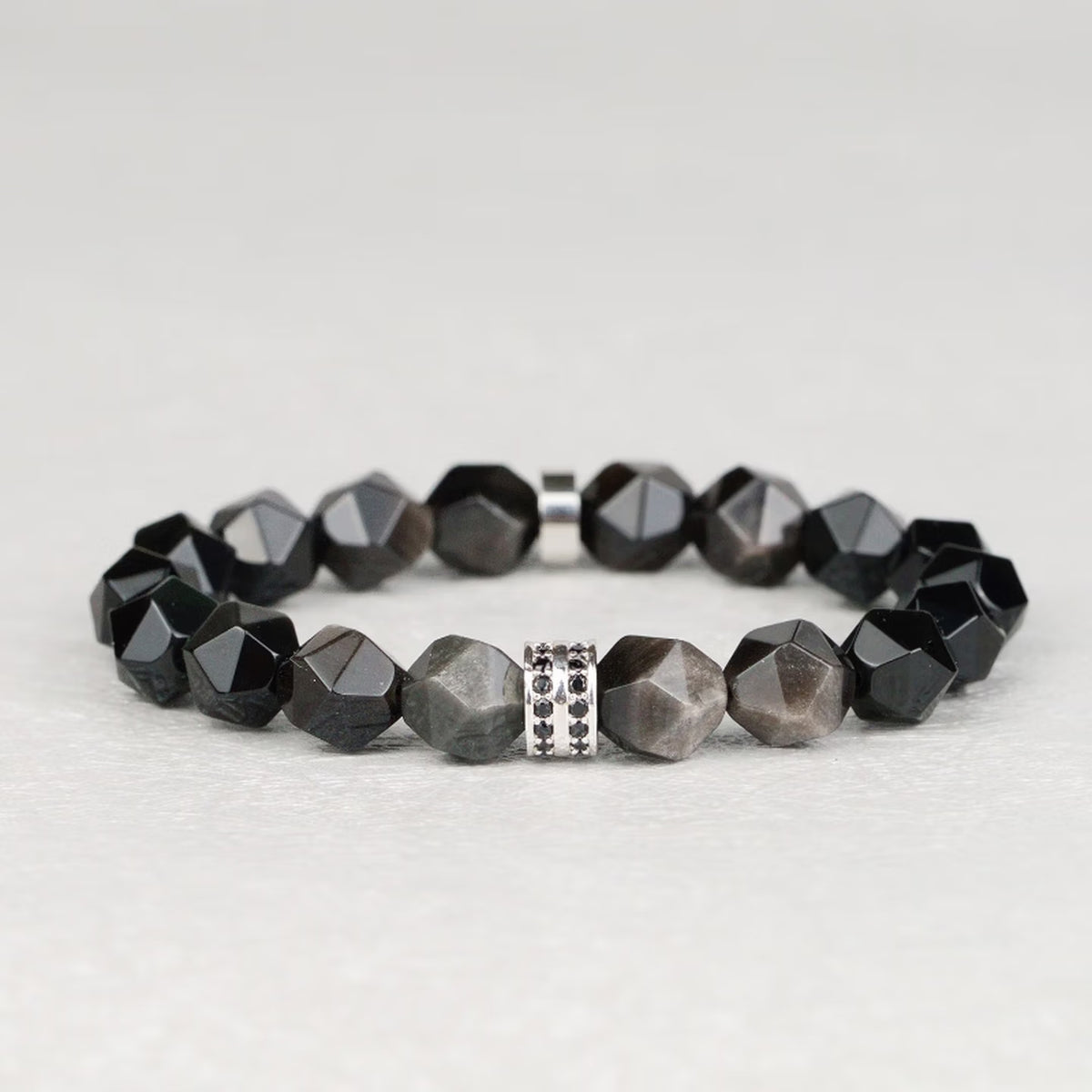 Faceted Black & Silver Sheen Obsidian Men's Bracelet - Geometric Gemstone Wristband with Cubic Zirconia Alloy Accent Symbolizing Luck, Protection & Cosmic Strength