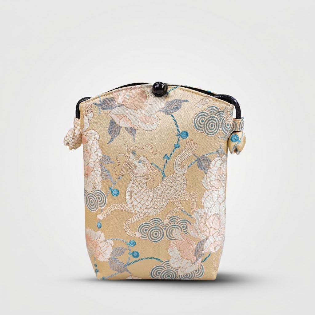 Song Brocade silk vertical crossbody phone bag with persimmon pattern and long shoulder strap in gift box