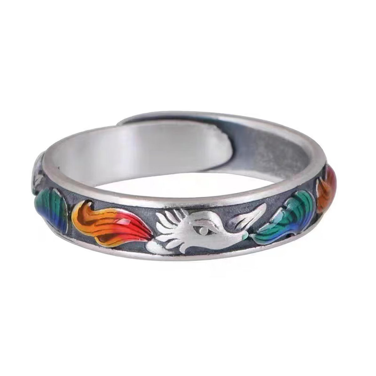 Sterling silver adjustable open ring featuring colorful enamel nine-tailed fox design