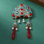 Exquisite Chinese imperial phoenix crown brooch pin with blue enamel crimson beads and pearl tassels