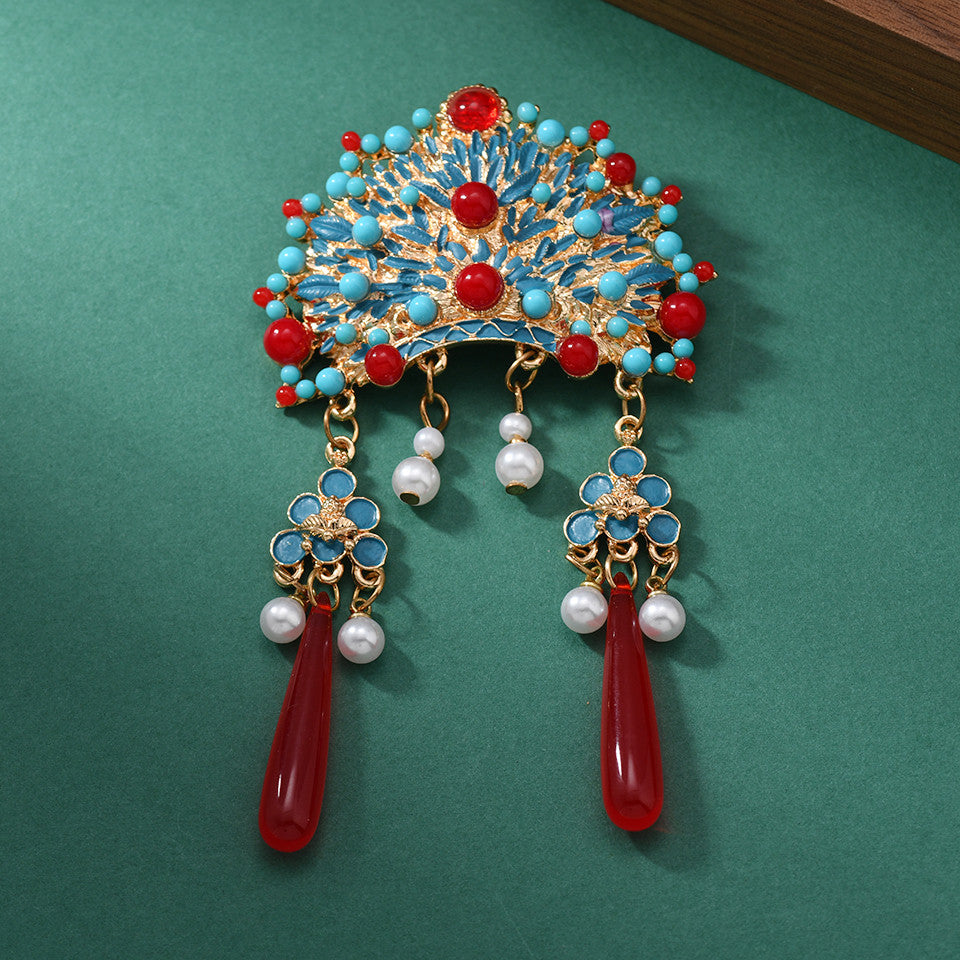 Exquisite Chinese imperial phoenix crown brooch pin with blue enamel crimson beads and pearl tassels