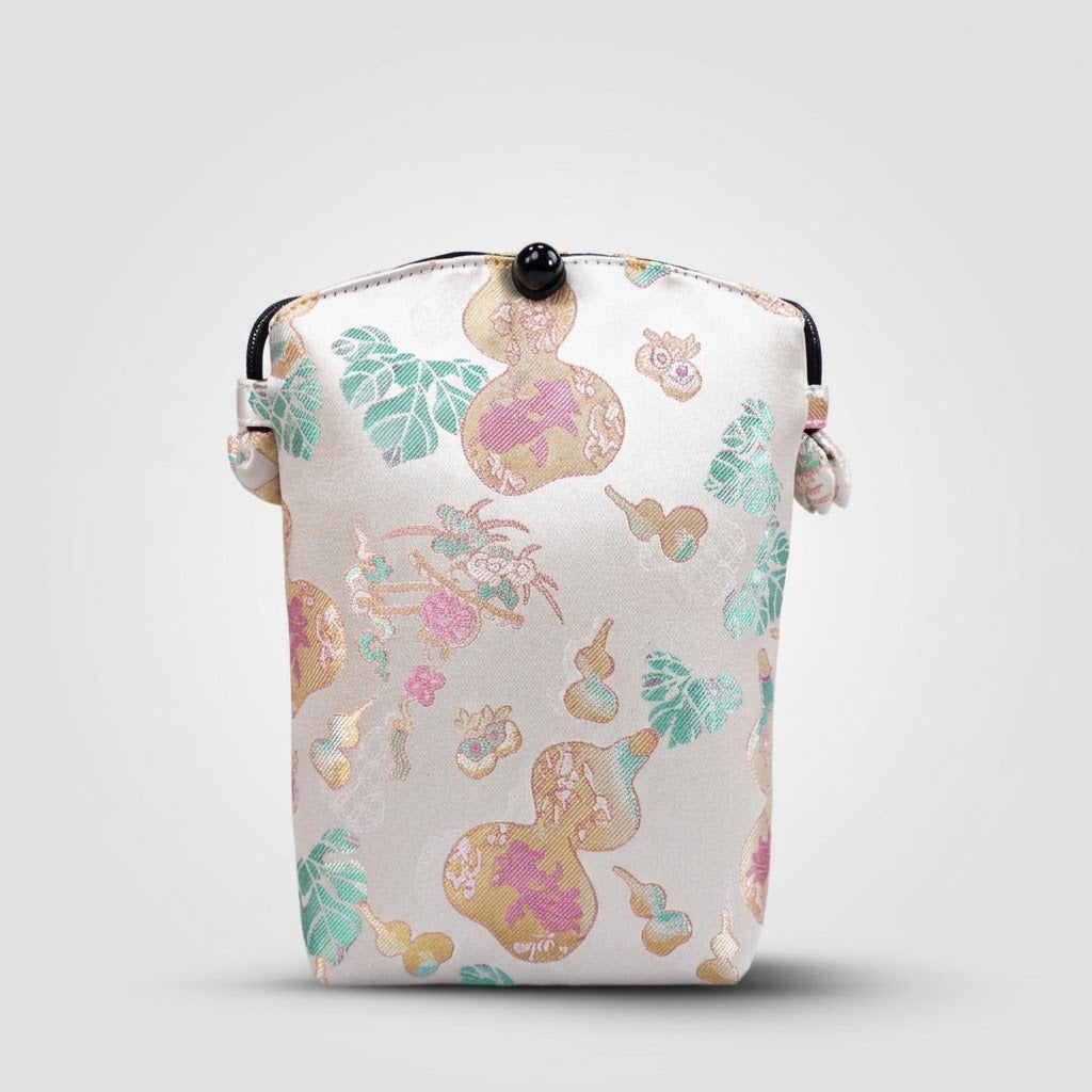 Song Brocade silk vertical crossbody phone bag with persimmon pattern and long shoulder strap in gift box