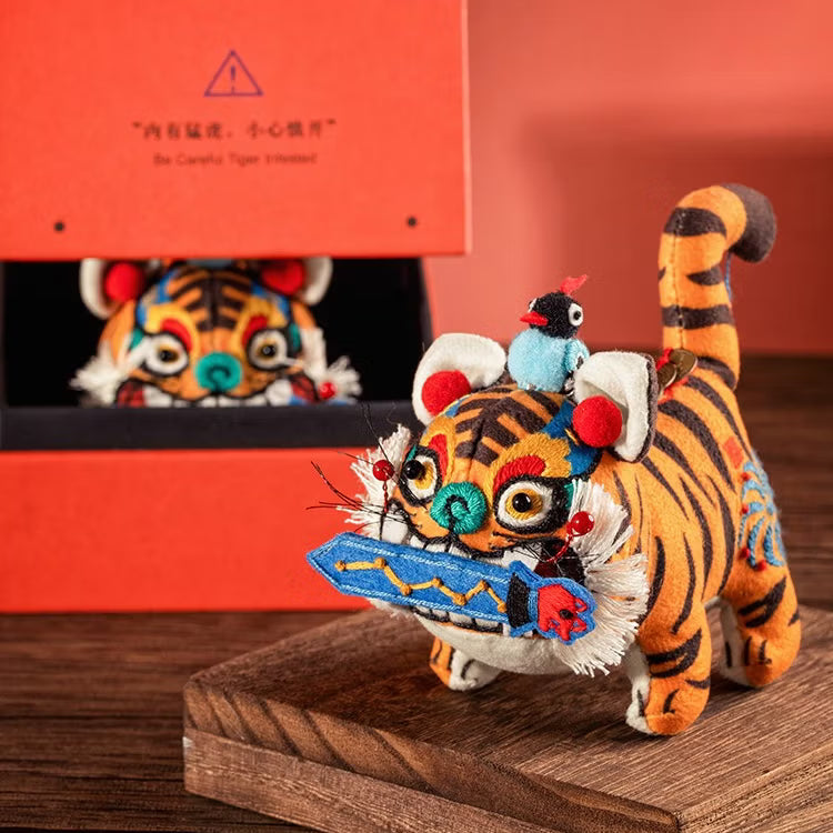 Handcrafted Chinese Zodiac Sword-Biting Tiger Figurine - Folk Art Lucky Guardian Fabric Mascot