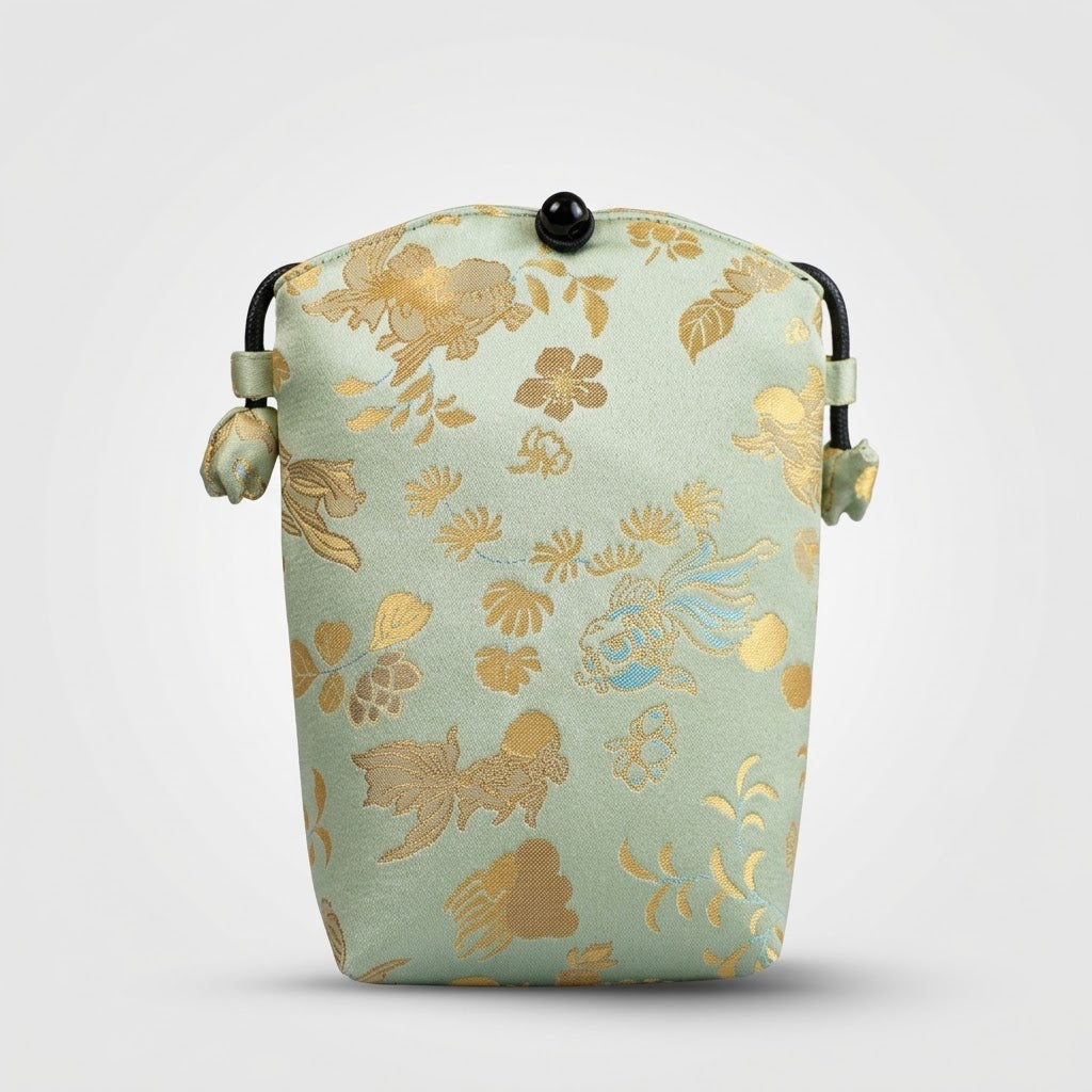 Song Brocade silk vertical crossbody phone bag with persimmon pattern and long shoulder strap in gift box