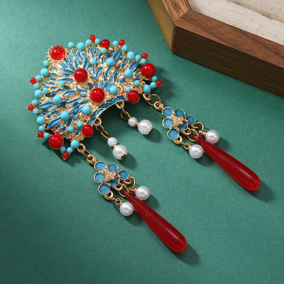 Exquisite Chinese imperial phoenix crown brooch pin with blue enamel crimson beads and pearl tassels