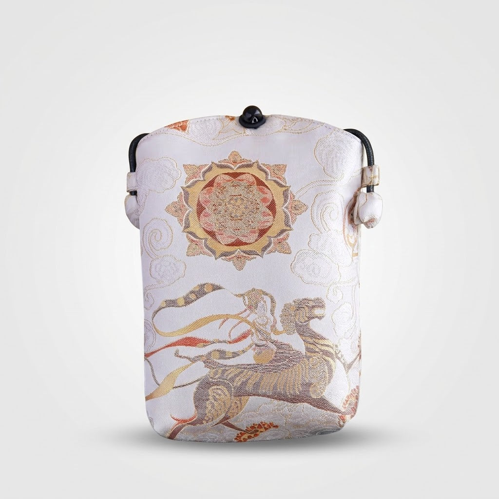 Song Brocade silk vertical crossbody phone bag with persimmon pattern and long shoulder strap in gift box