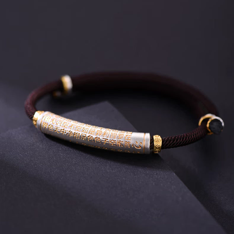 S999 fine silver Heart Sutra curved tube bracelet with gold gilded calligraphy on dark braided cord