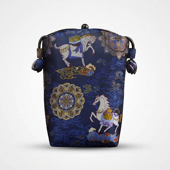 Song Brocade silk vertical crossbody phone bag with persimmon pattern and long shoulder strap in gift box