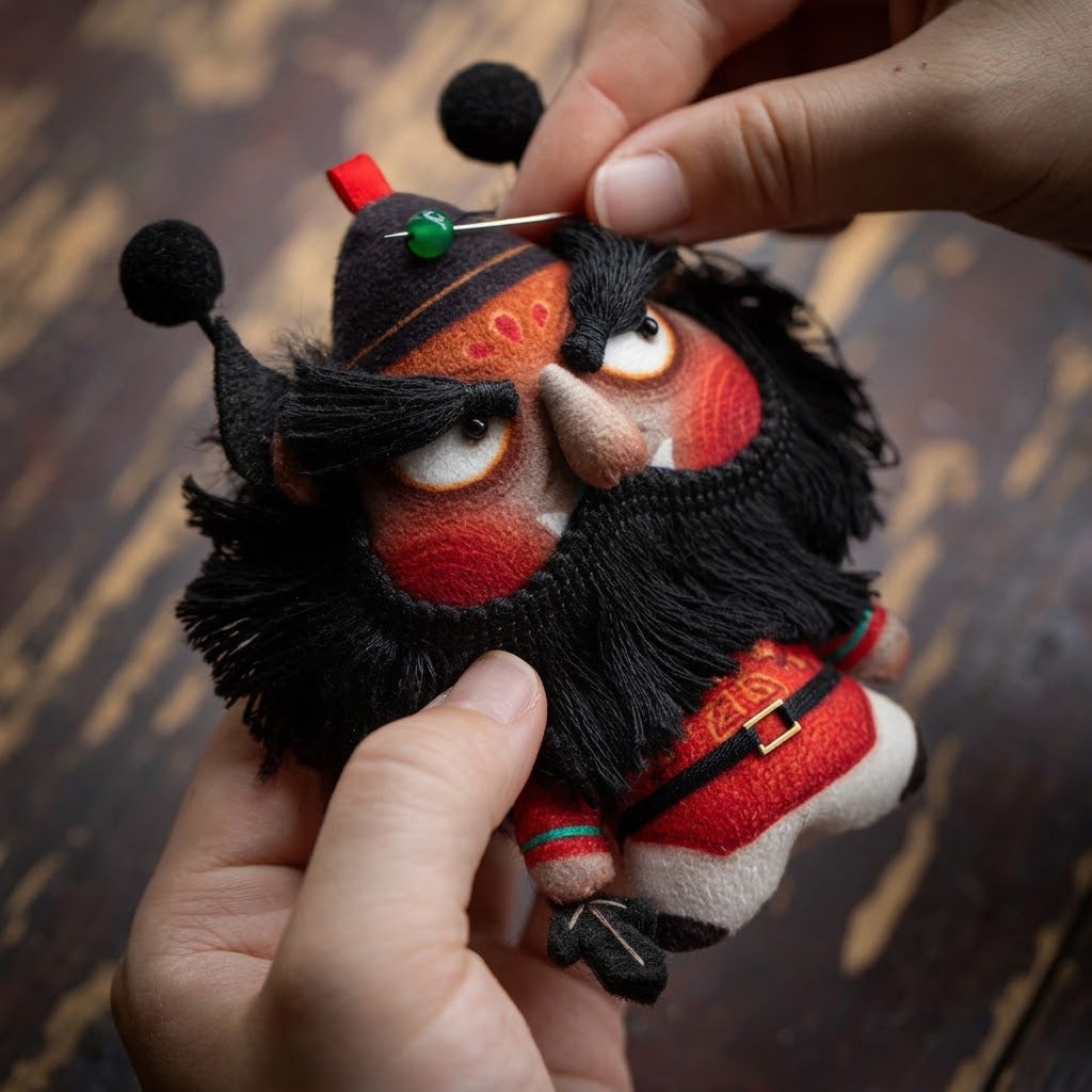 Close up of hand embroidered Zhong Kui face and reward good punish evil tag on herbal sachet charm