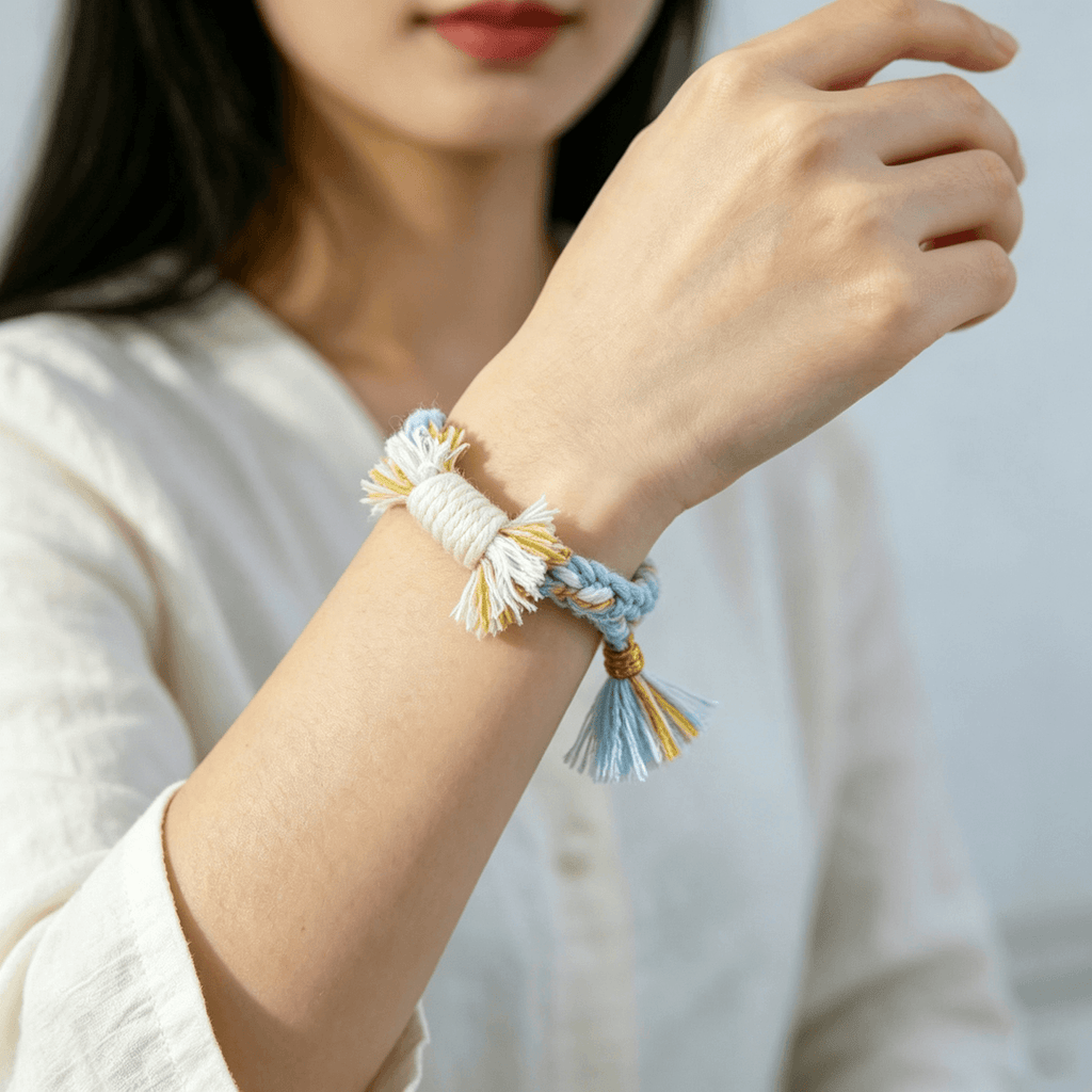 Floral inspiration graphic showing blue hydrangeas and handmade sky blue woven bracelet
