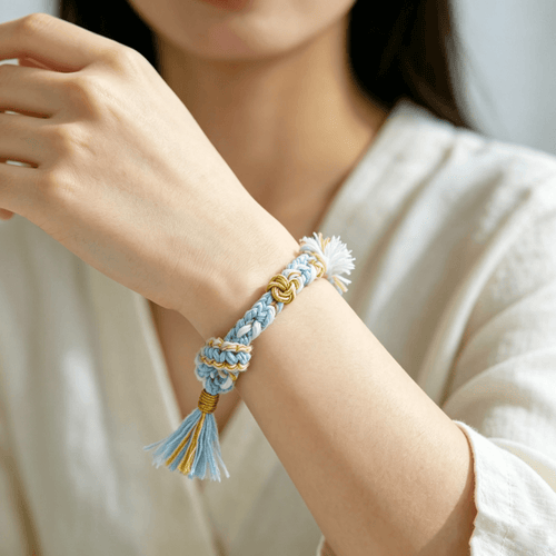 Floral inspiration graphic showing blue hydrangeas and handmade sky blue woven bracelet